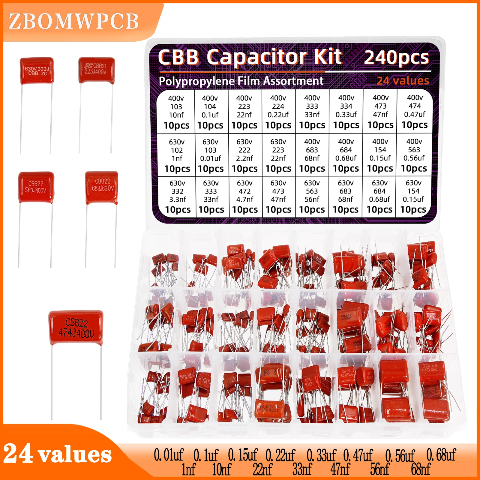 240pcs CBB Capacitor Assortment Kit Metallized Polypropylene Film Capacitors