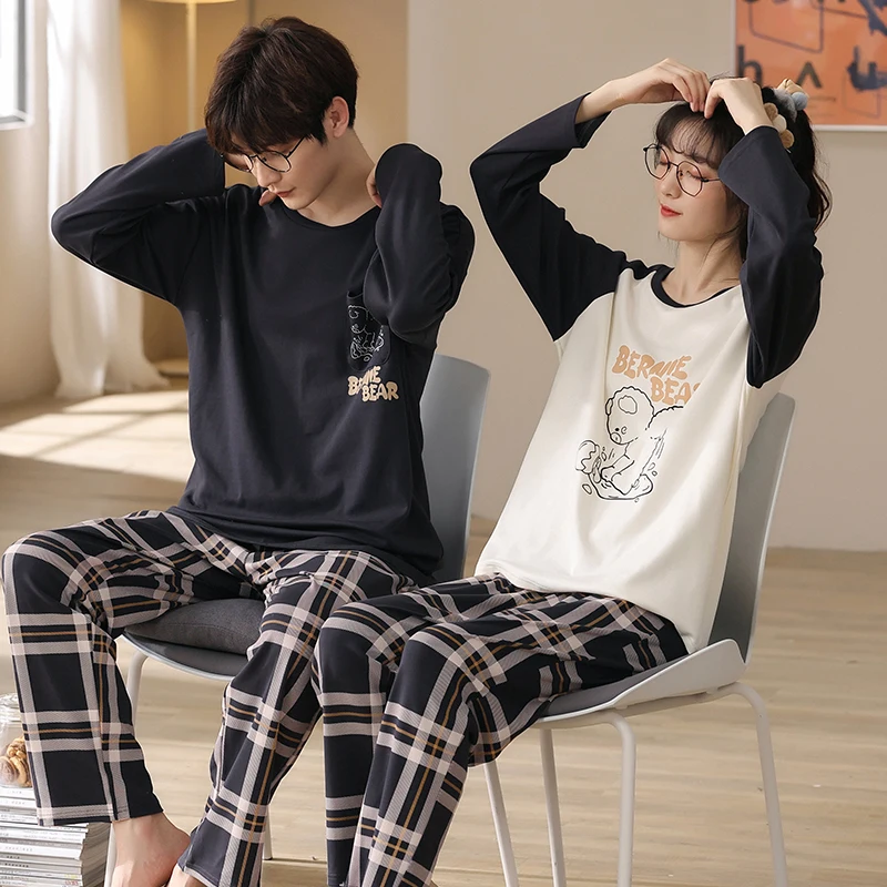 All cotton pajamas couple style bear pattern top paired with checkered pants men's and women's pajamas casual set spring autumn