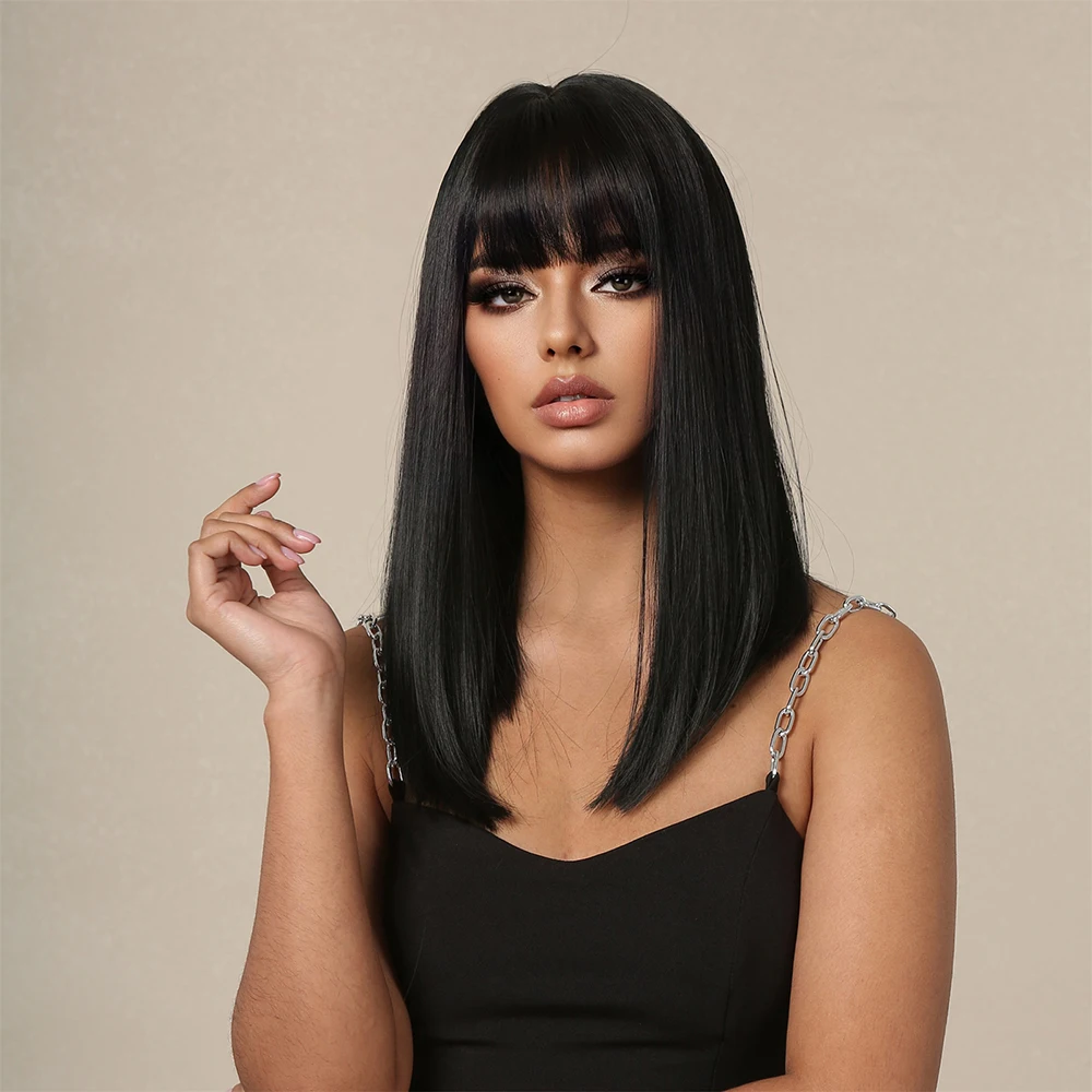 EASIHAIR Black Short Straight Bob Hair Wigs Middle length Synthetic Wig with Bangs for Women Daily Cosplay Hair Heat Resistant