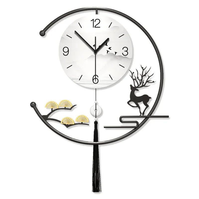 Wall clock living room advanced sense new Chinese home decoration punch-free clock hanging wall modern simple quartz clock image 5