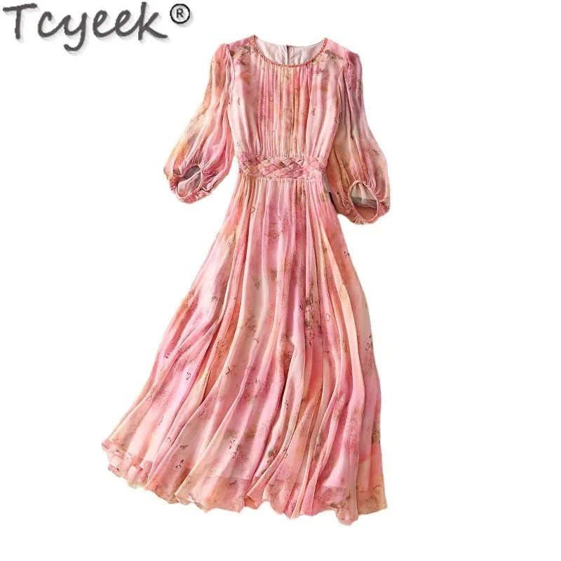 Tcyeek 100% vestidos largos de seda Mulberry para Mujer Vestido de playa vestidos elegantes y bonitos para Mujer ropa de verano Vestido de Mujer