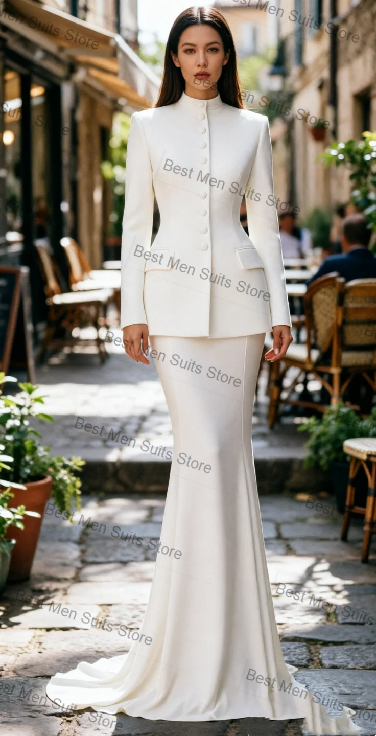 White Long Women Suit Skirt Set 2 Pcs Blazer+Prom Dress Autumn Cotton Formal Office Jacket Customized Wedding Tuxedo Guest Coat