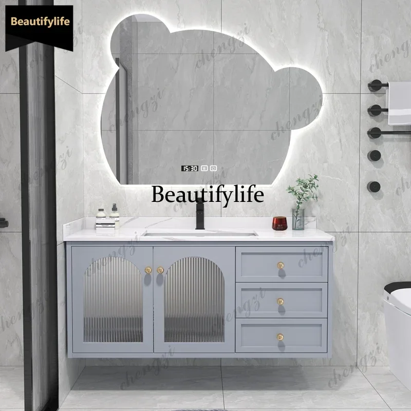 Slate Bathroom Vanity With Sink Furniture Mirror Cabinets Storage Bear Mirror Integrated Solid Wood Style Cabinet Companion Wash