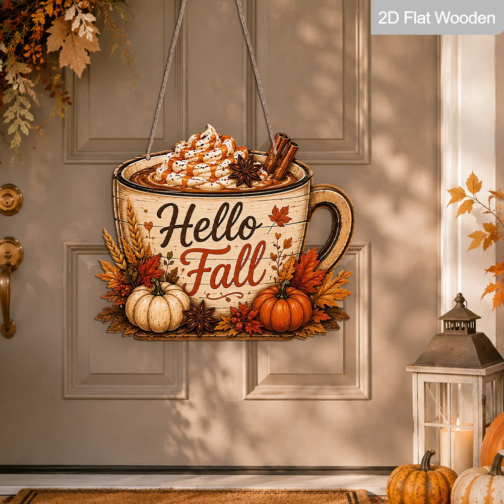 2D Holzschild „Hello Fall“ für Kaffeetassen zum Aufhängen, Kürbis-Zimt-Ahorn-Weizen-Motiv, Bauernhaus-Stil, Herbst-Dankeschön-Schild für Haustür und Wand – Detail 4