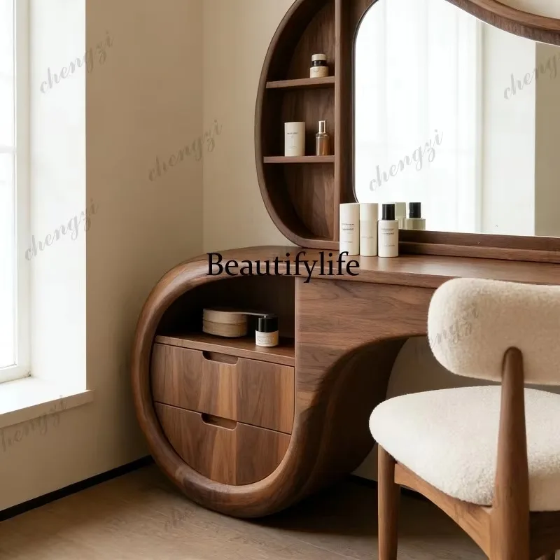 HR New Chinese-style black walnut solid wood dresser, medieval style with mirror, Nordic simple storage table, new model