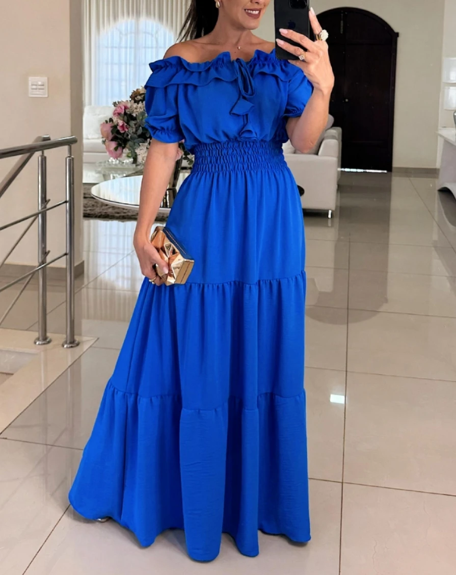 Women's  Off Shoulder Ruffled Bubble Sleeve Maxi Dress - Elegant Tiered Long Summer Dress with Elastic Waist