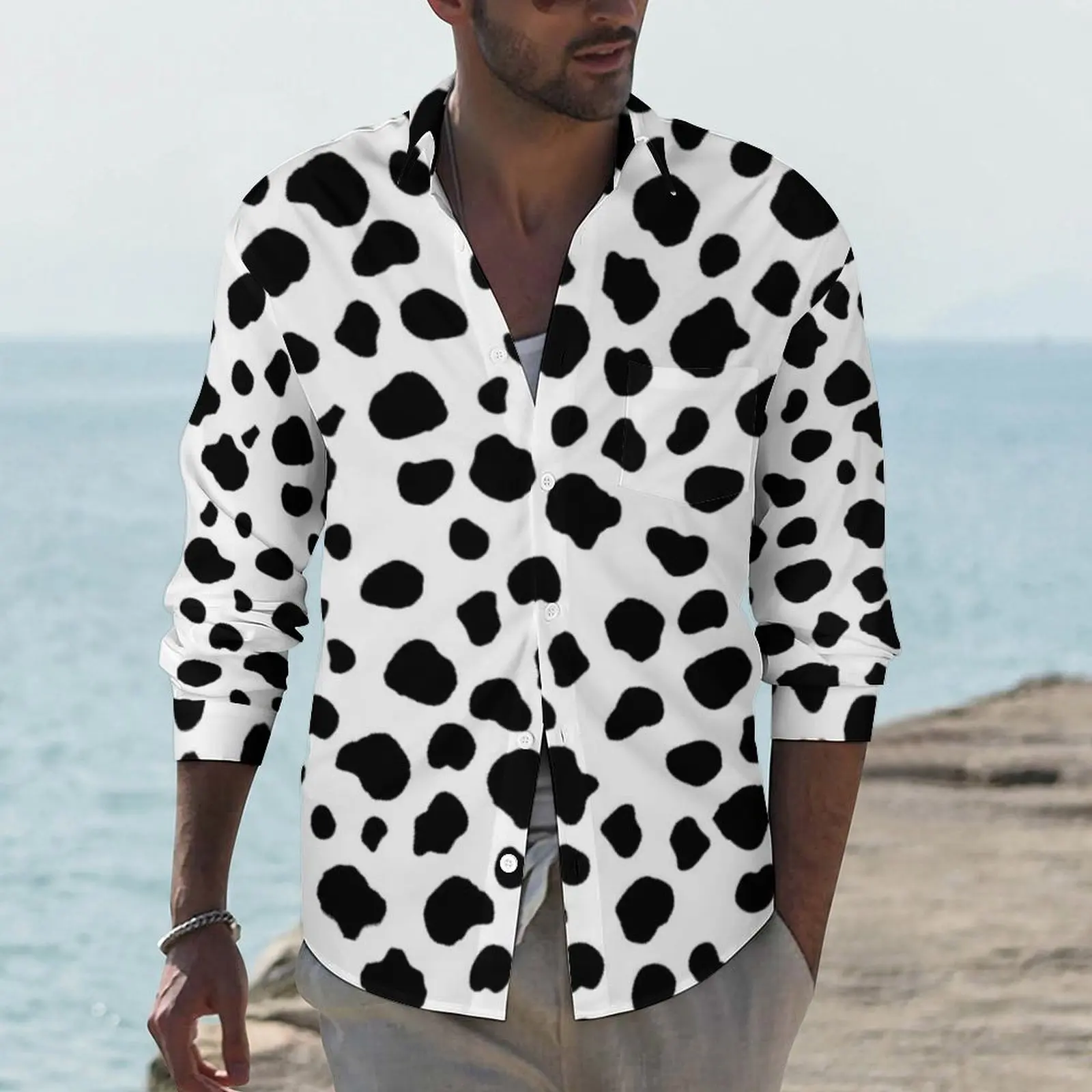 

Cow Print Shirt Spring Black Spot Casual Shirts Men Trending Blouses Long Sleeve Design Street Clothing Plus Size