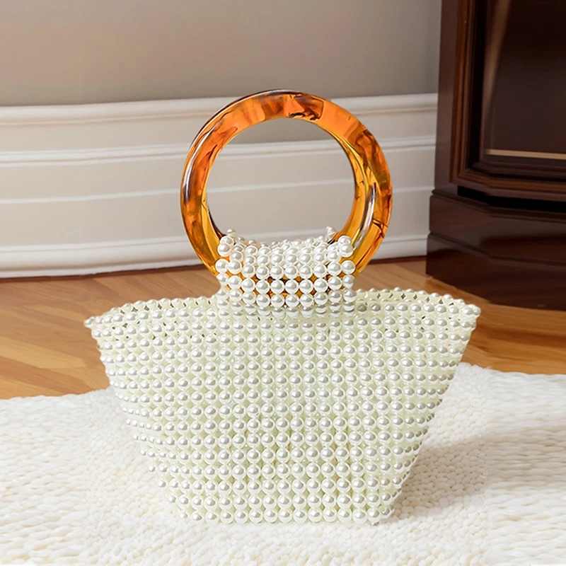 حقيبة يد من الخيزران ذات حلقة مزدوجة مصنوعة يدويًا من نسيج اللؤلؤ المقلد وحقيبة حفلات العشاء