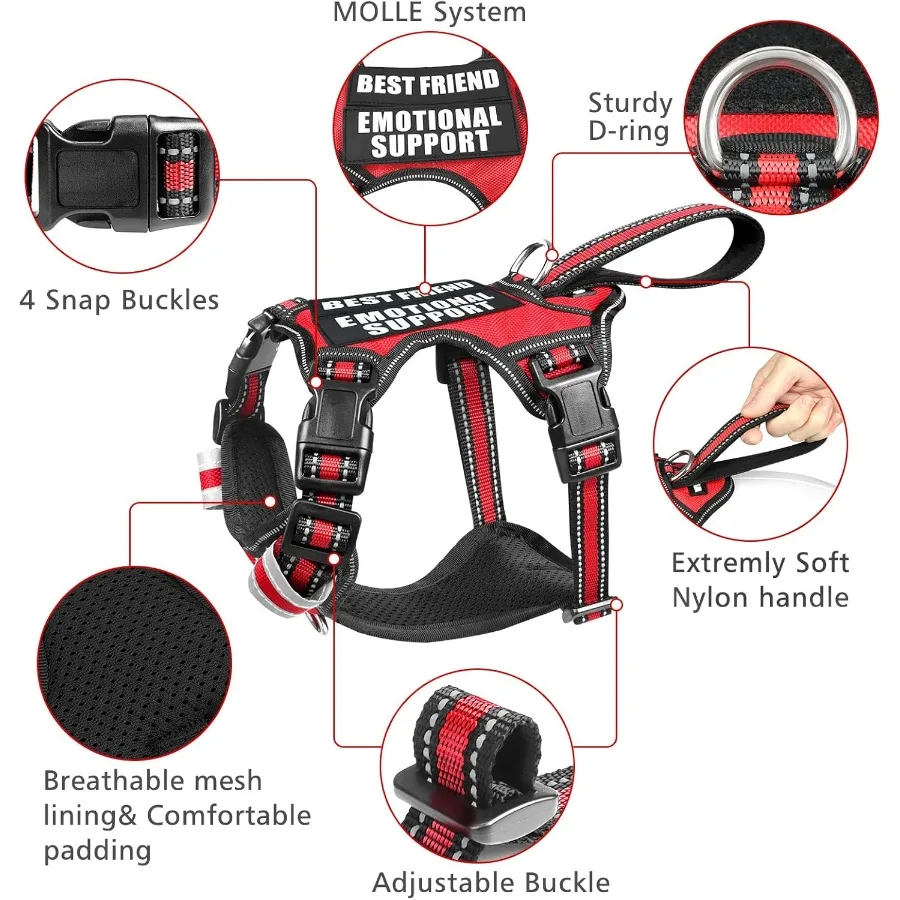 サービスドッグベスト、引っ張り防止犬用ハーネス、7つの犬用パッチ付き、反射素材ペットハーネス、トレーニング用の丈夫なソフトパッド入りハンドル付き（小型犬用）
