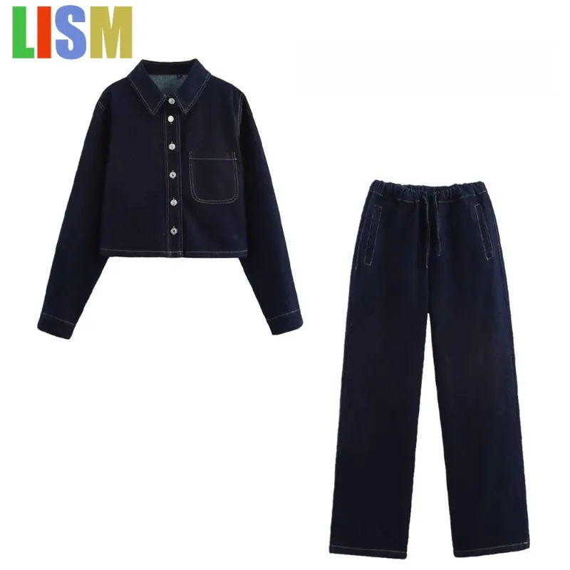 

LISM winter two piece set outfit Women Vintage Blue Denim Pants Suit Lapel Collar Short Denim Shirt Wide Leg Jogger Jeans