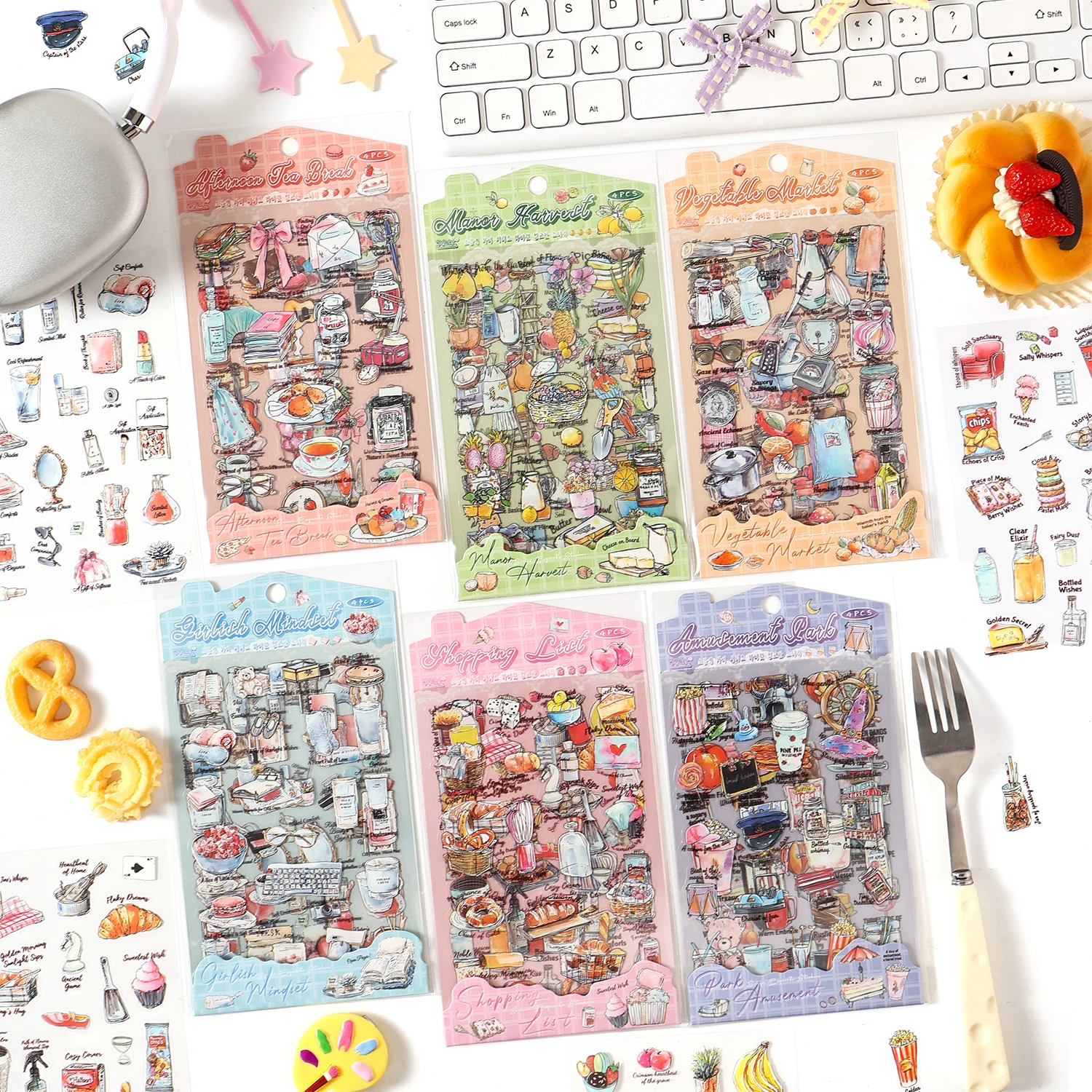 4Pcs Cute Hand-Drawn Fruit & Kitchen PET Stickers, Aesthetic Farmhouse Transparent Decals