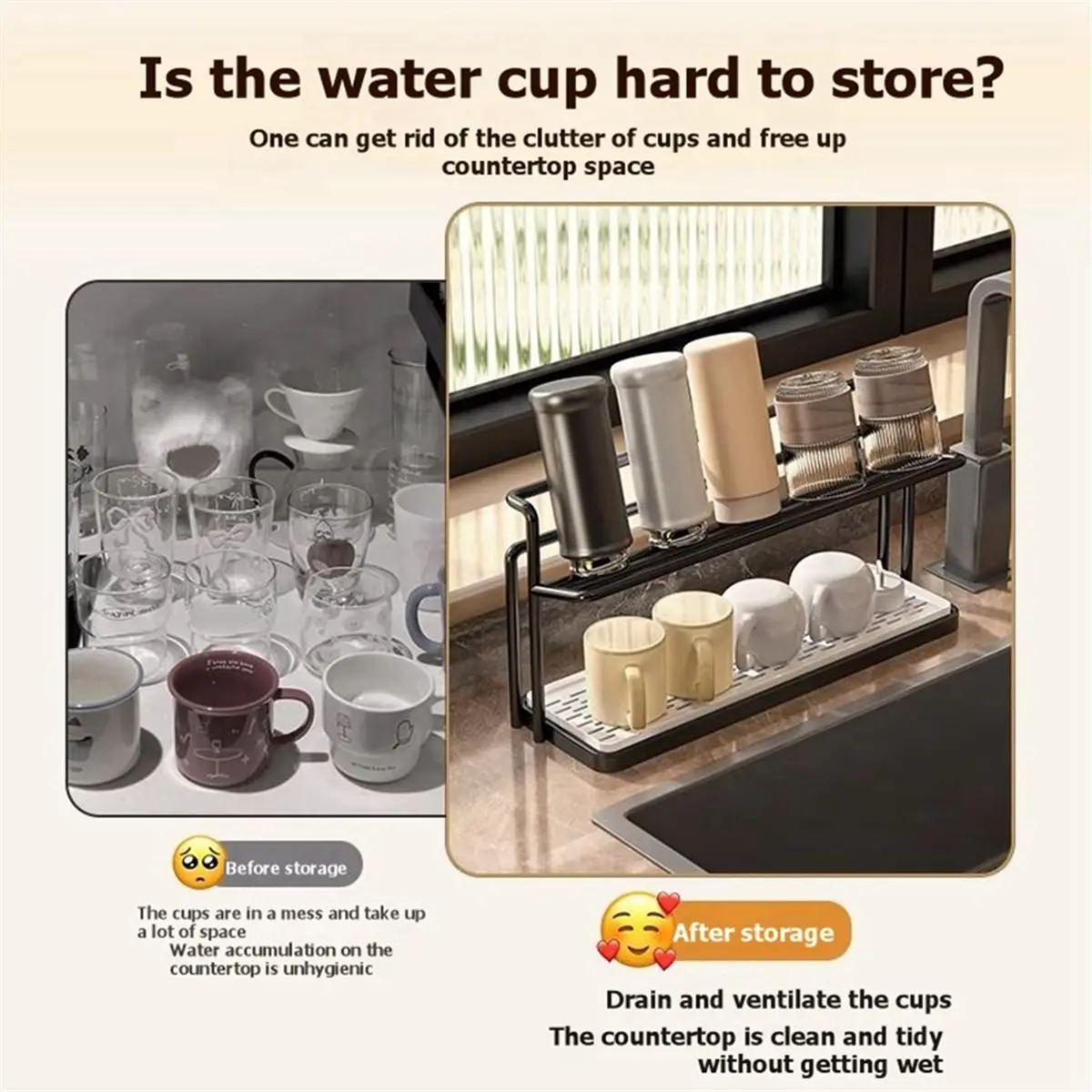 Cup Holder, Storage Rack,Dining Table, Countertop, Glass Cup, Tea Cup, Coffee Cup, Double-Layer Drain Tray Holder