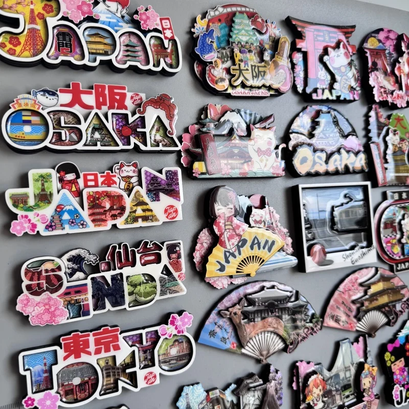 Wood fridge magnets Japan Osaka Kyoto Nara Kinkakuji Hokkaido Sendai Mount Fuji Lantern Japanese tourist souvenirs