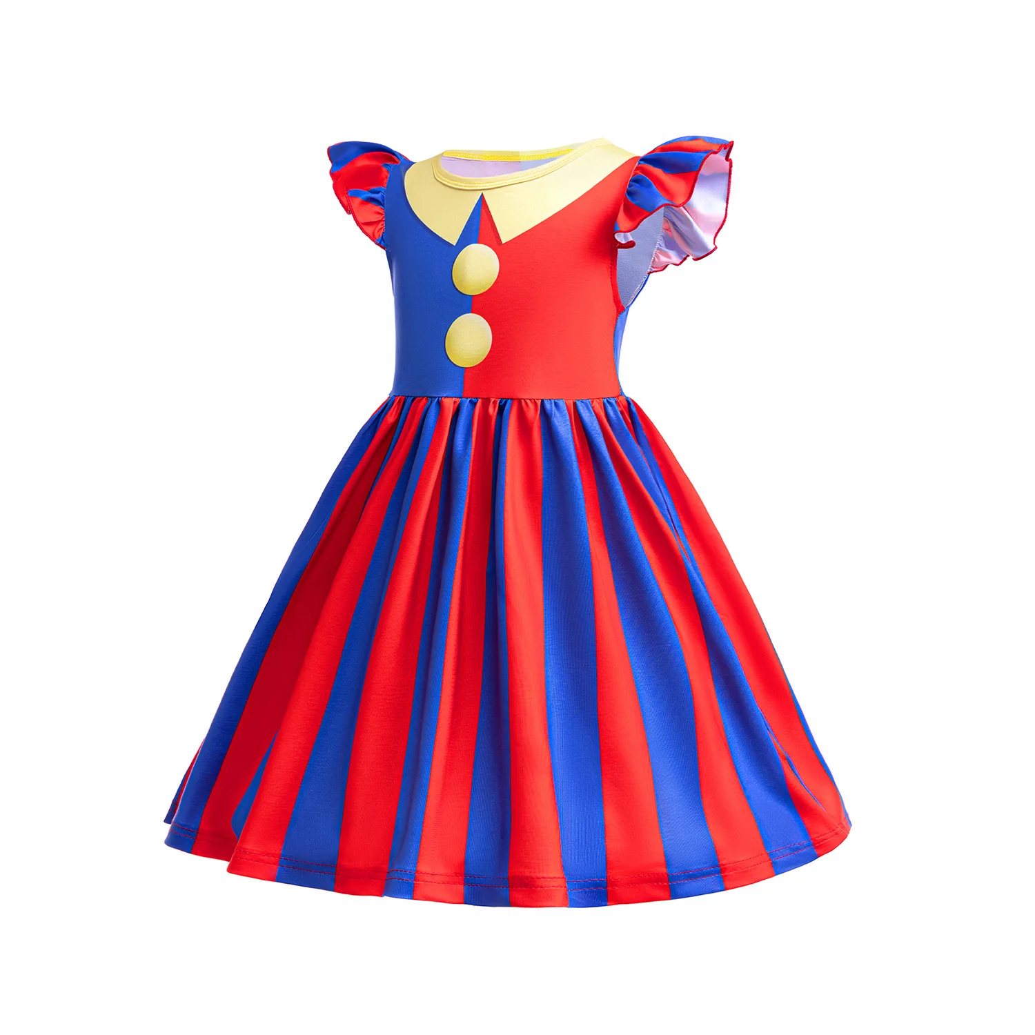 Girl Circus Clown Fancy Dress Outfit Red Blue Vertical Stripe Dress with Jester Headband and Gloves for Halloween Cosplay Show