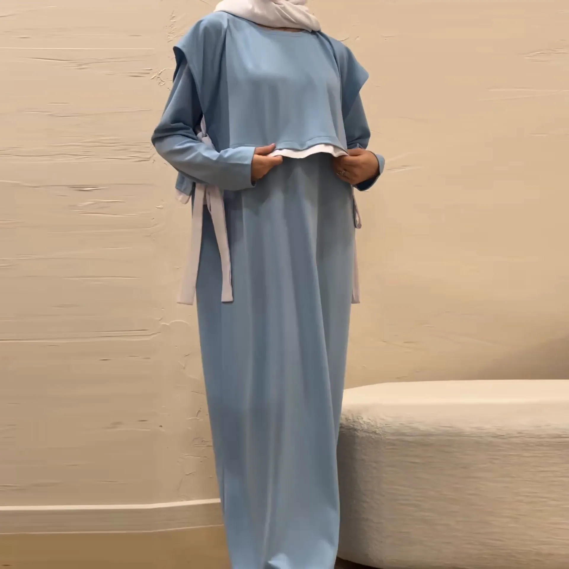 Women Eid Muslim Sets Musulman Ensemble Dubai Arab Vest Kaftan Islam Abayas Ankle Length Long Robe Solid Two Pieces Modest