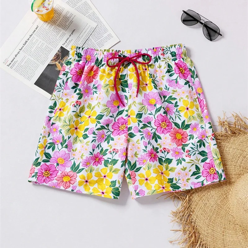 Retro Ethnic Polka Dot Design Beach Shorts Men's Clothes 3D Print Flowers Holiday Casual Loose Board Short Summer Swim Trunks