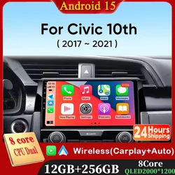 For Honda Civic 10th 2016 2017 2018 2019-2021 Android 15 Carplay Auto Car Radio Multimedia Video Player Navigation GPS 4G WIFI