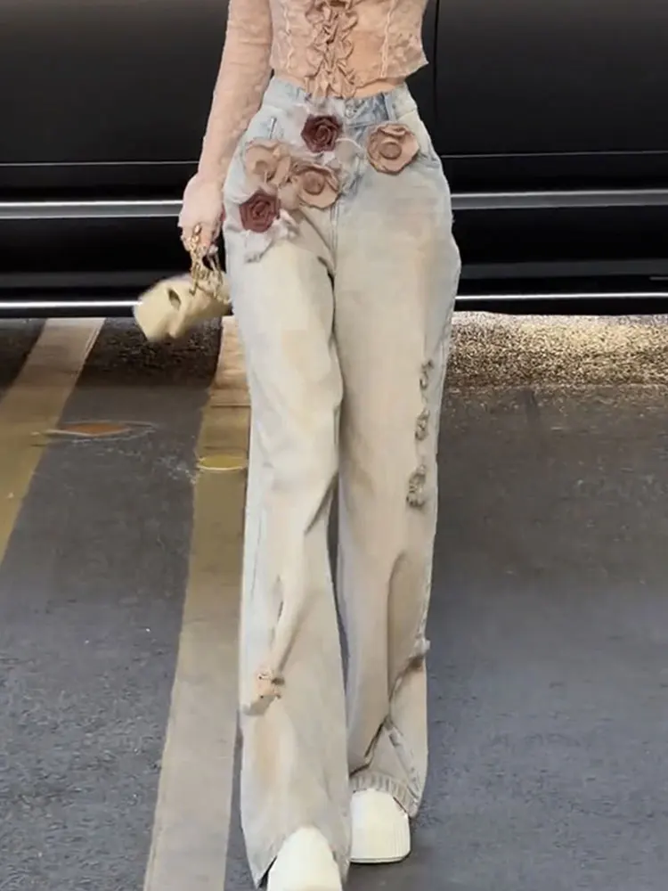 

Women Summer New Niche Design Sense Flower Casual Straight Wide-Leg Floor Pants American Style Hot Girl Washing Old Jeans