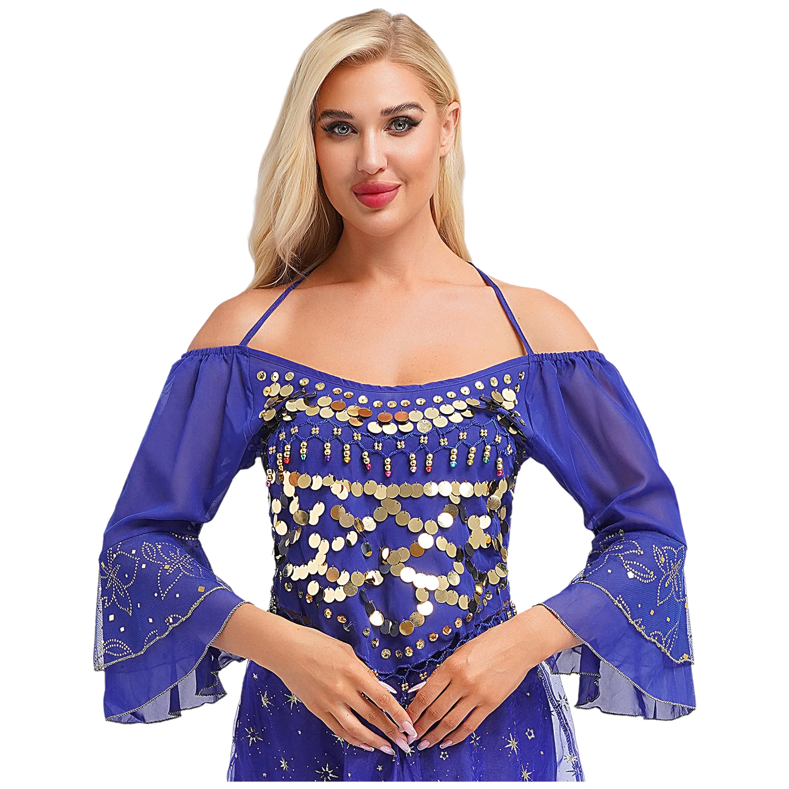 Sequins Belly Dance Tops Women Sheer Mesh Lace-up Back Crop Top Off Shoulder Summer Cold Top for Belly Stage Performance Costume