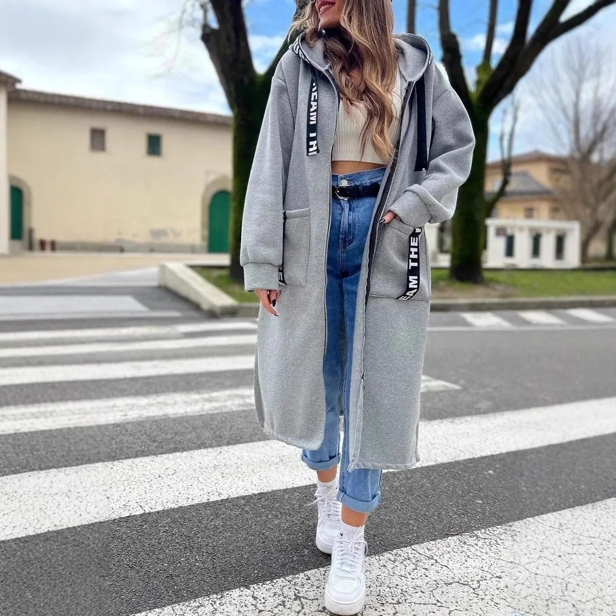 Zipper Casual Coat Mid Length Commuter Chic with Long Sleeve Regular Fit Medium Weight Patchwork Hooded Women Autumn Jacket