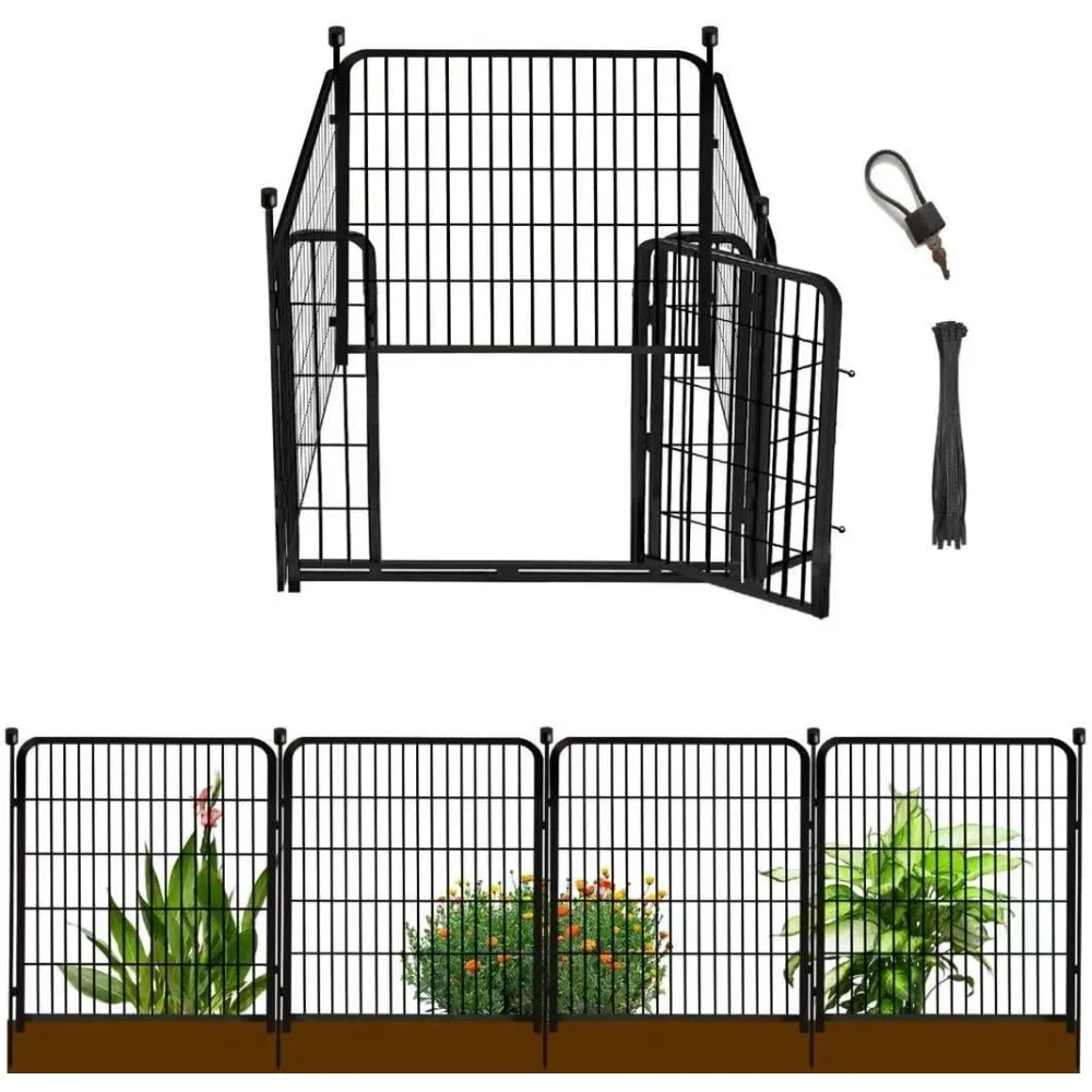 

Heavy Duty Iron Garden Fence Panels with Gate 48in H x 27in L Animal Barrier Dog Fencing for Indoor Outdoor Use Black