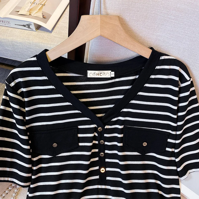 XL-4XL Large Size V-neck T-shirt Women 2023 Summer Fashion Stripe Short-sleeve Loose Tees Tops Casual Cotton Tshirt Oversize