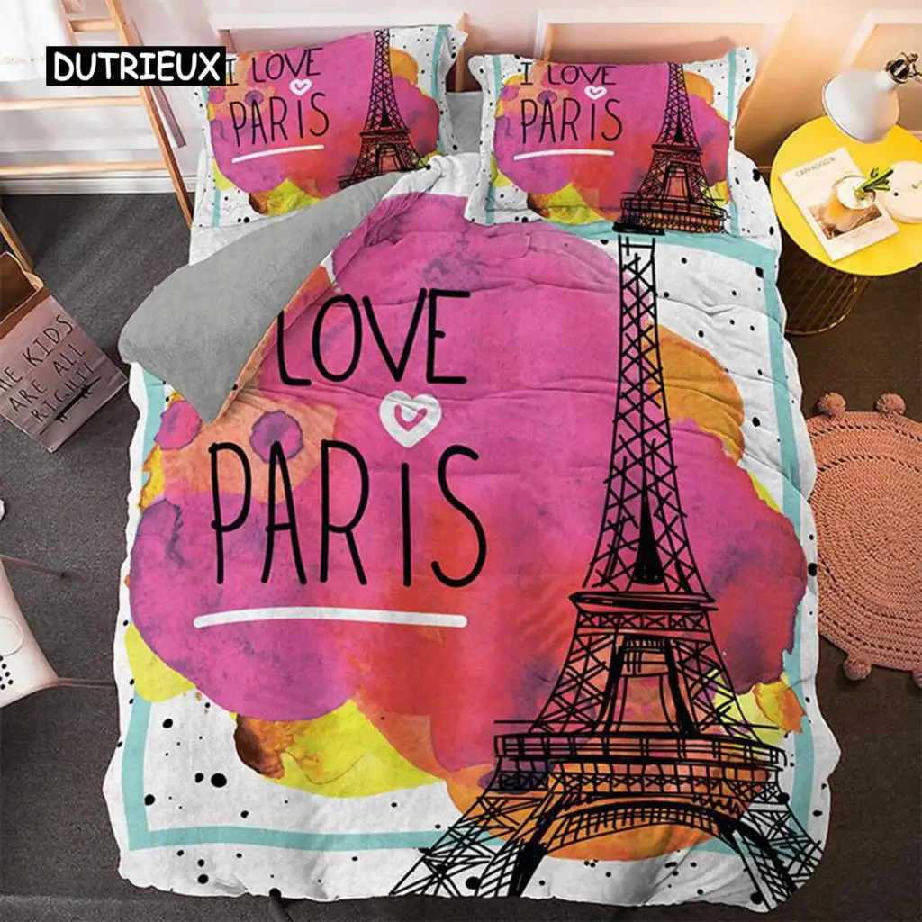 Eiffel Tower Duvet Cover Set Microfiber Paris Theme World Famous Architecture I Love Paris Pattern Bedding Set for Girls Woman