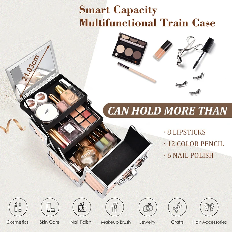 Makeup Case Portable Lock Alloy Unicorn Cosmetic Jewelry Nail Hair Accessories Storage Box with Mirror 2 Trays Make-up Suitcase