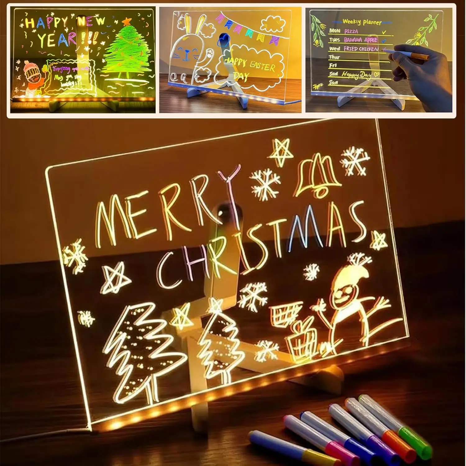 

LED Acrylic Message Board Night Light Dry Erase Board with 7 Color Pens Children‘s Drawing Board for Christmas Birthday Gifts