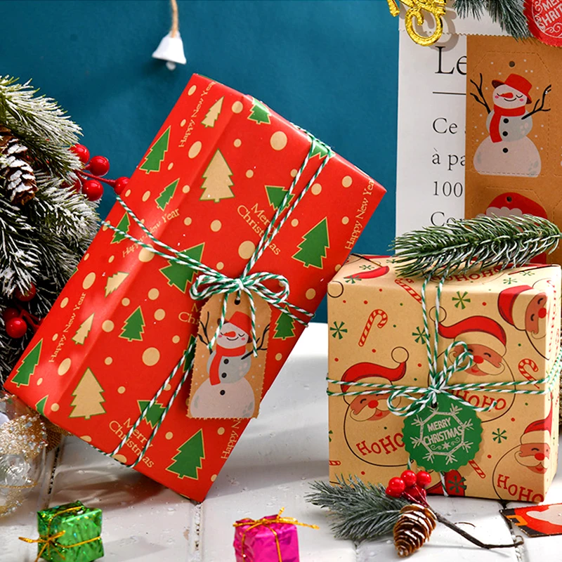 6pcs Vintage Kraft Paper Packaging Paper Christmas Gift Wrapping Paper Snowman Bell Christmas Tree Gift Paper 50*70cm