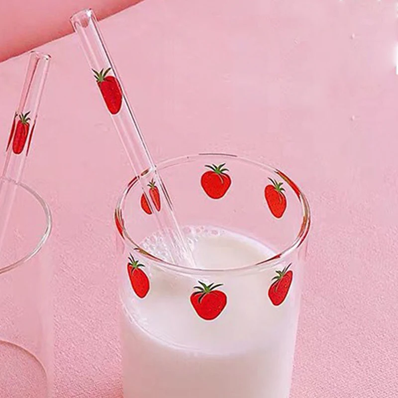 Strawberry Glass Cup Cute Transparent Coffee Milk Cold Drinks Tumbler Home Office Heat Resistant Printed Cups Glass Straw