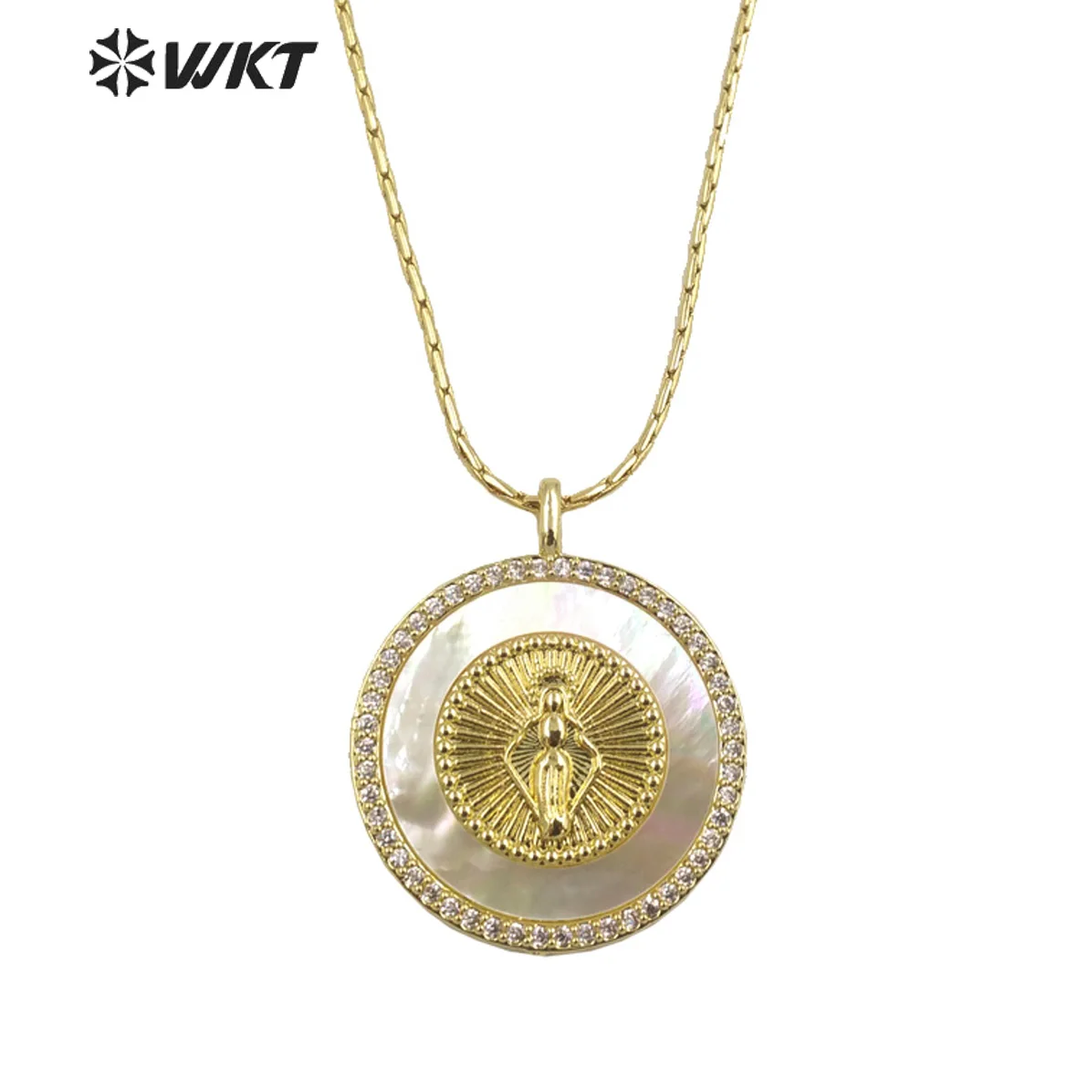 WT-MN982   WKT 2023  Religious Style Natural Shell & Zircon New Chain Design Jewelry SALE  Virgin Mary Chain Necklace Party