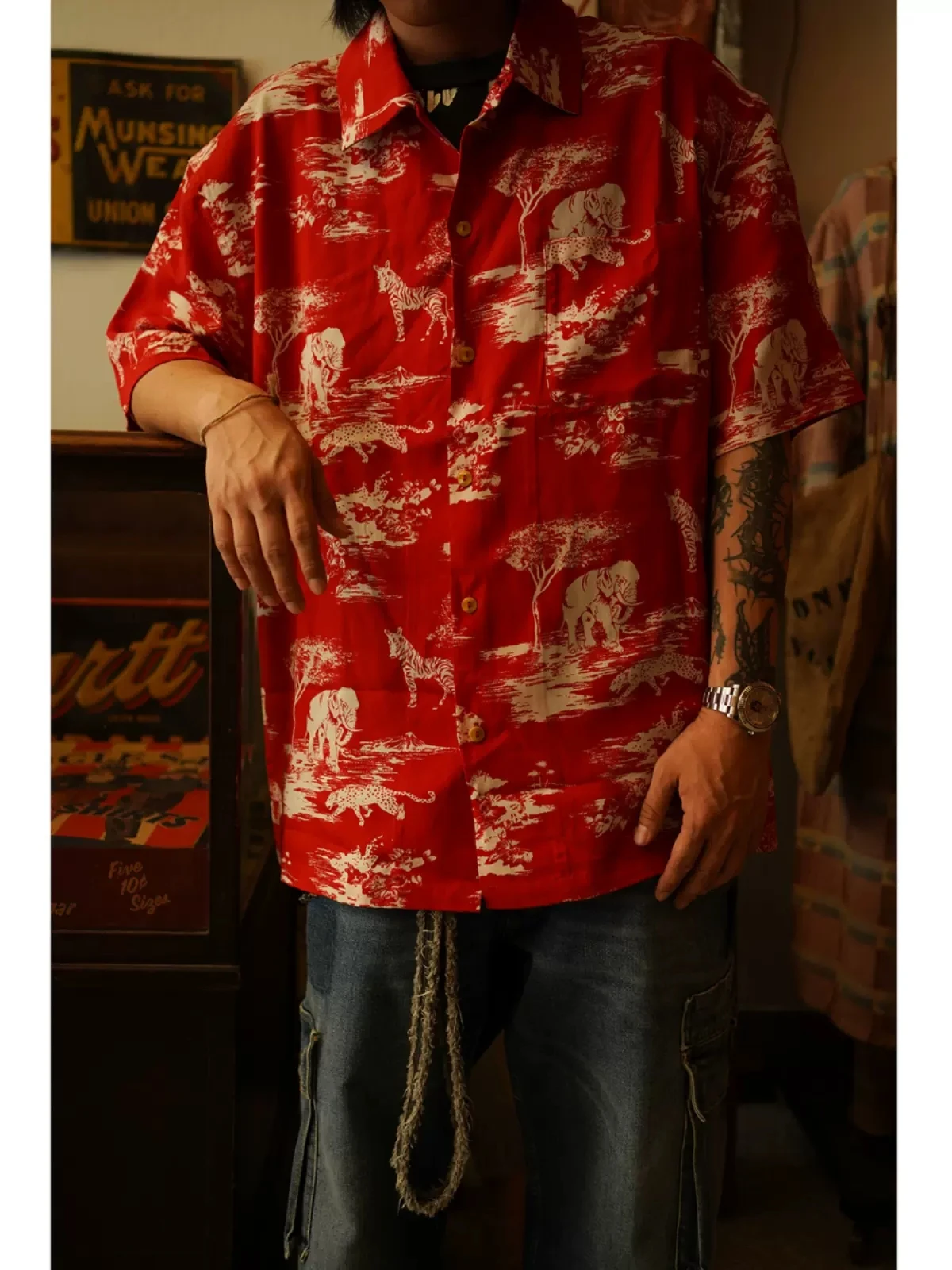 

Second Order Wildlife Print Hawaiian Shirt Men's Cotton Short-Sleeve Aloha Shirt