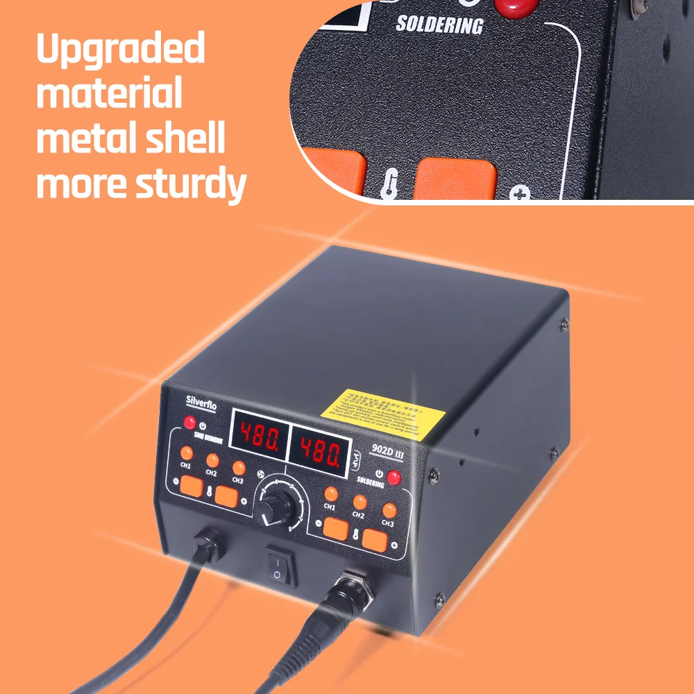 Silverflo 902D-III Rework Soldering Station 2 in 1 Hot Air Gun Welding Station with 3 Pre-set Channels,Sleep Mode for SMD Rework