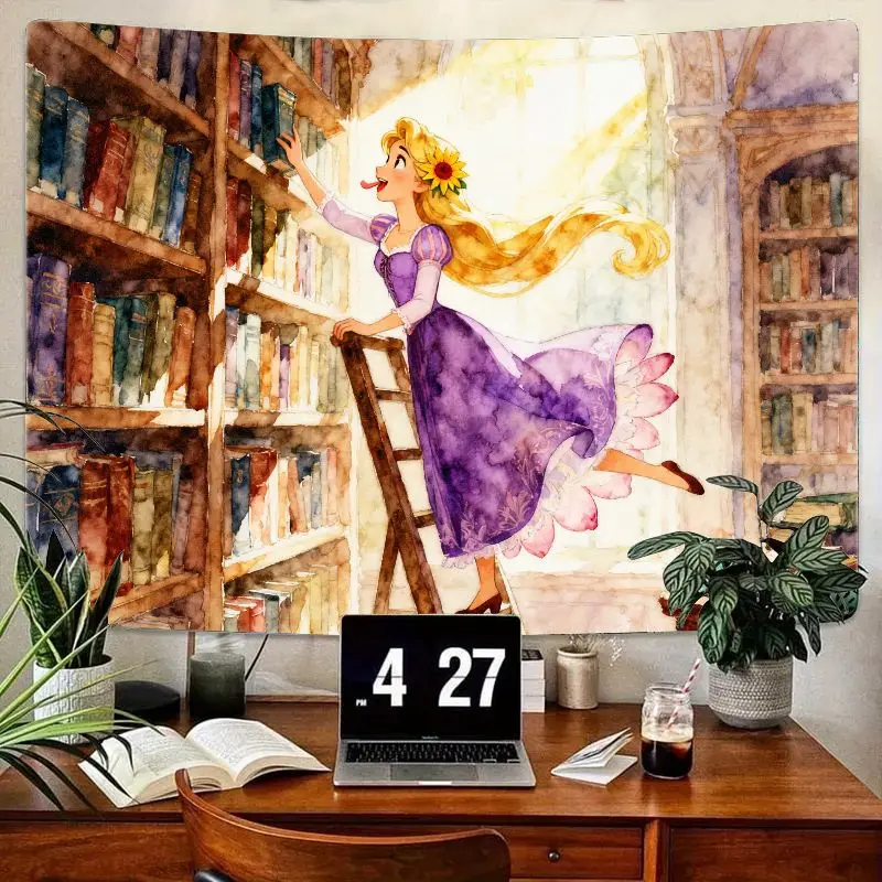 

1 шт., гобелен с библиотекой Рапунцель, причудливая акварель, полиэстер, настенный художественный декор для комнаты для любителей книг и принцесс, подарок для фанатов