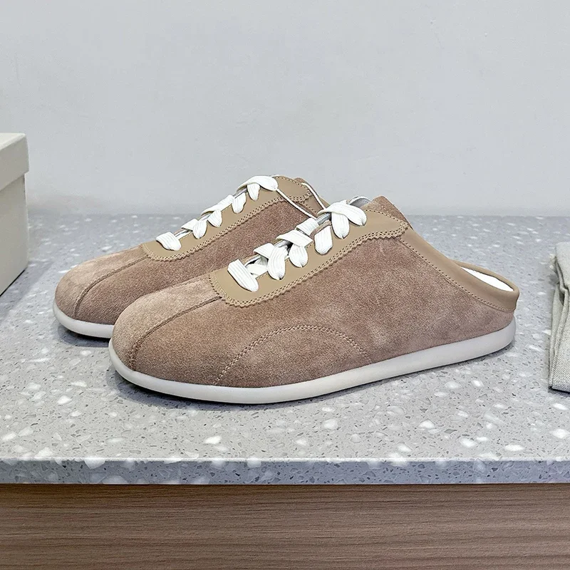 Scarpe casual stringate retrò in pelle scamosciata di mucca Punta chiusa Fondo piatto spesso Ciabatte pigre Scarpe da passeggio per le vacanze primavera autunno unisex 2025