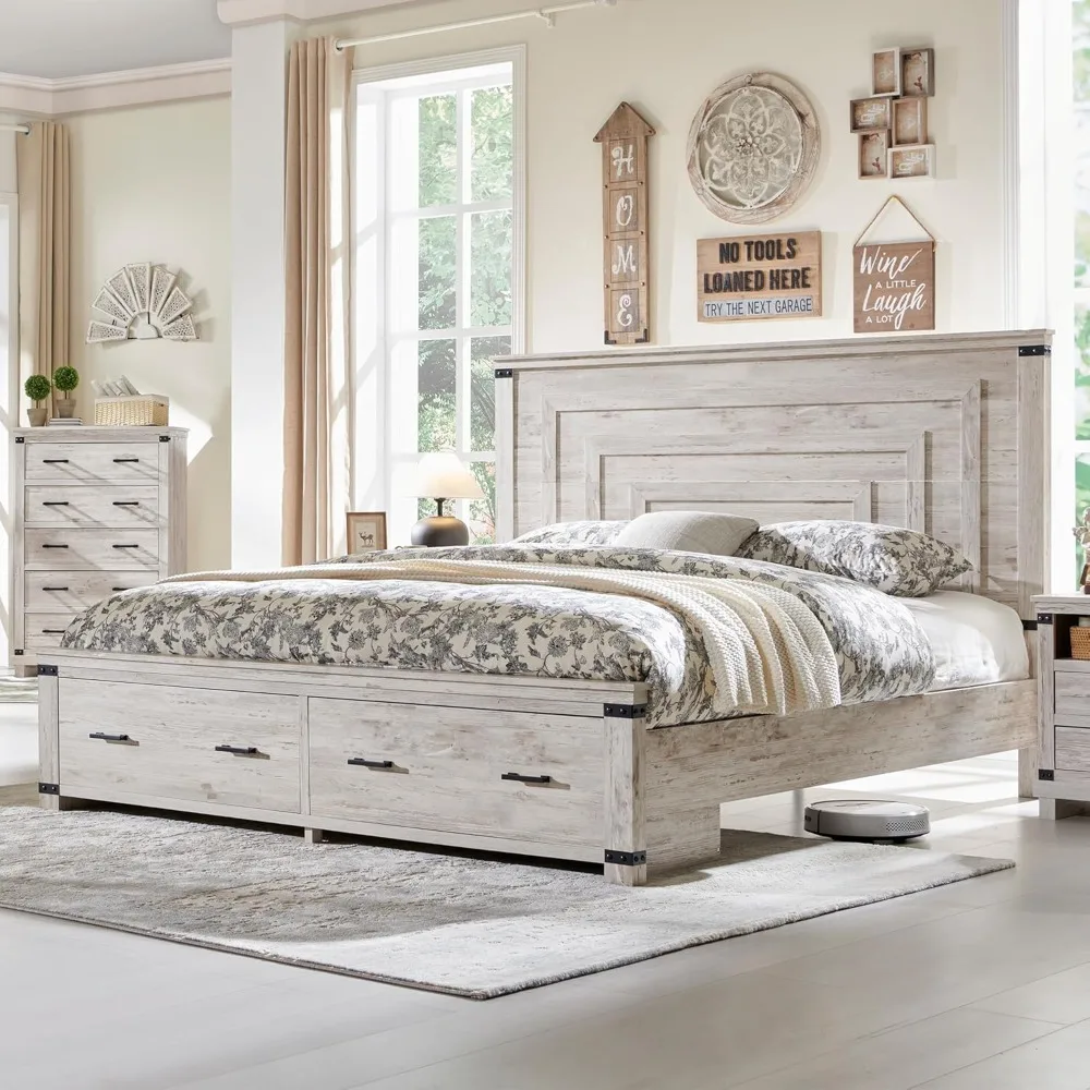 

Farmhouse Queen Size Bed Frame w/ 54" Tall Geometric Headboard, Rustic Wood Platform Bed, Wood Slats Support,