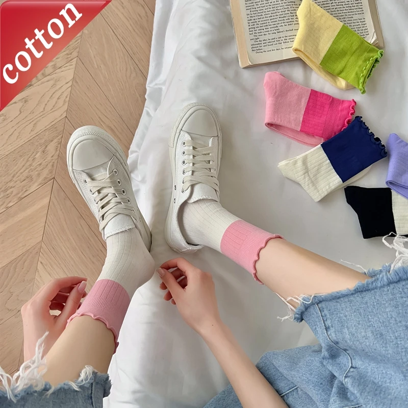 

Комплект из 5 пар женских носков контрастного цвета с дофаминовыми краями, милые милые носки средней длины, удобные высококачественные хлопковые носки