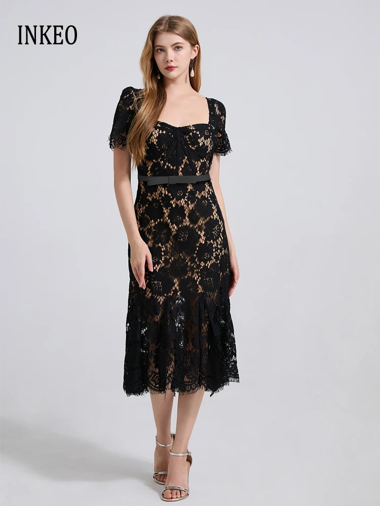 

Sexy Elegant Square collar lace dress Bodycon Women's 2025 Summer Lace Midi dresses with belt Slim Luxury Party INKEO 5D135