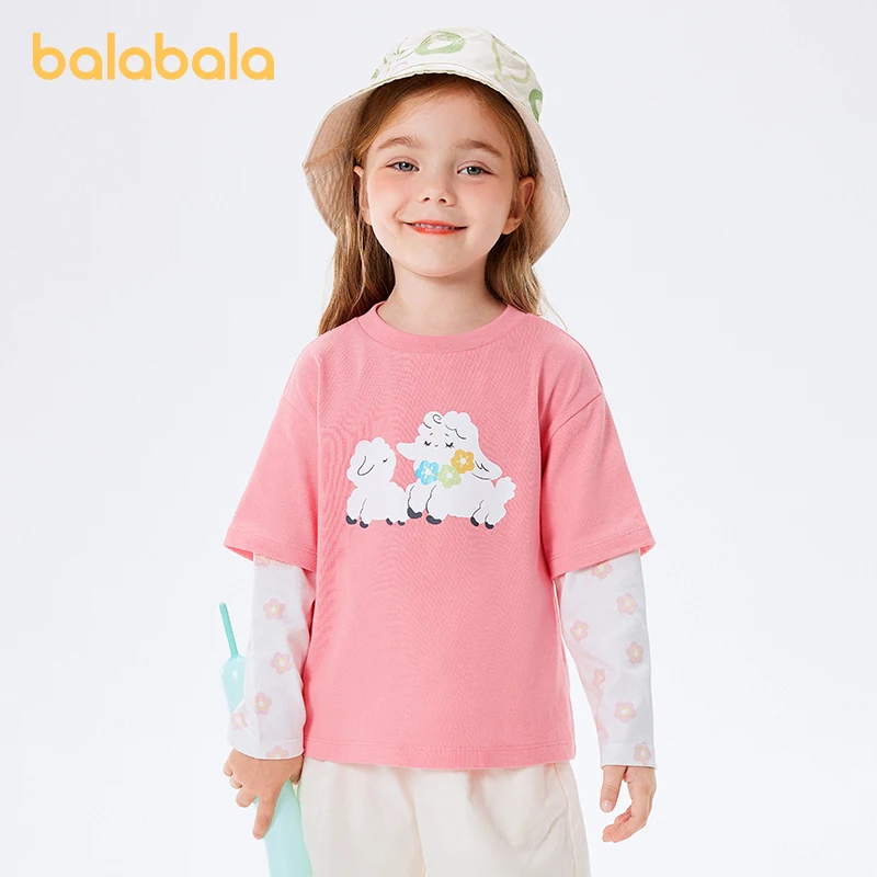 

Balabala Toddler 2023 Girl T-Shirt Long-Sleeved Top Autumn Cotton Fake Two-Piece Fashion Trendy T-Shirt