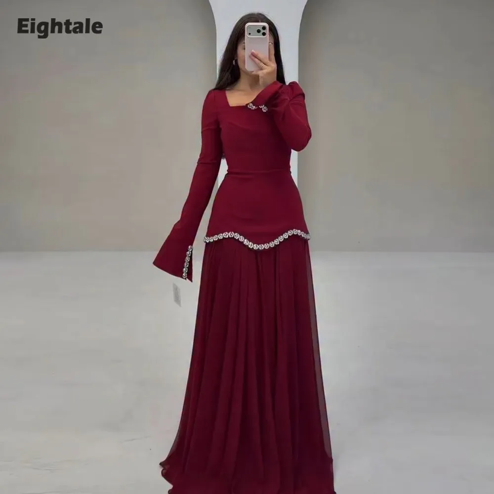 

Eightale Arabic Evening Dress for Wedding Party Scoop Beaded Long Sleeve Muslim Mermaid Burgundy Customized Prom Gown