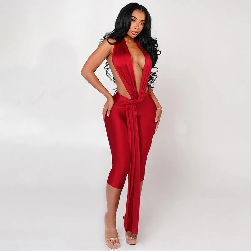 Shiny Ruched Ribbon Calf-length Skinny Jumpsuits Women Sexy Deep V Neck Halter Backless Slim Party Clubwear Rompers Overalls