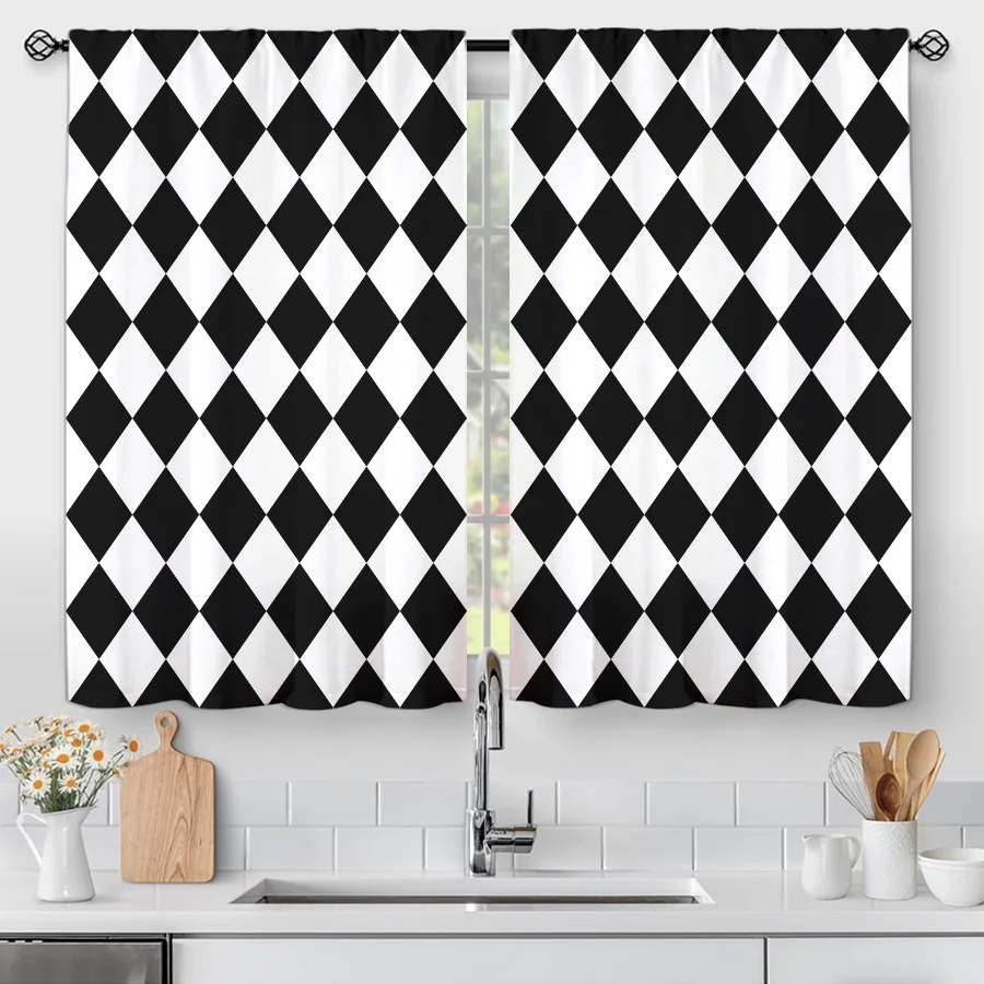 2PCS Digital Print Curtains, Black White Diamond Harlequin Argyle Pattern, Modern Minimalist for Living Room Bedroom Decor