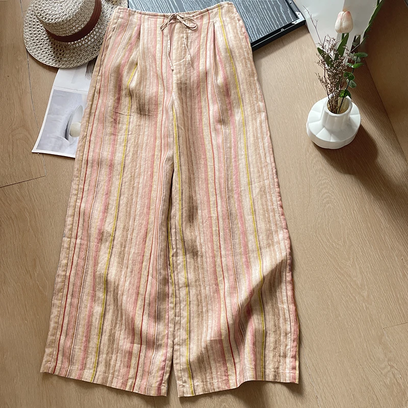 Retro Ethnic Style Wide Leg Pants Women's High Waist Elastic Waist Stripe Color Block Summer New Casual Straight Nine Points