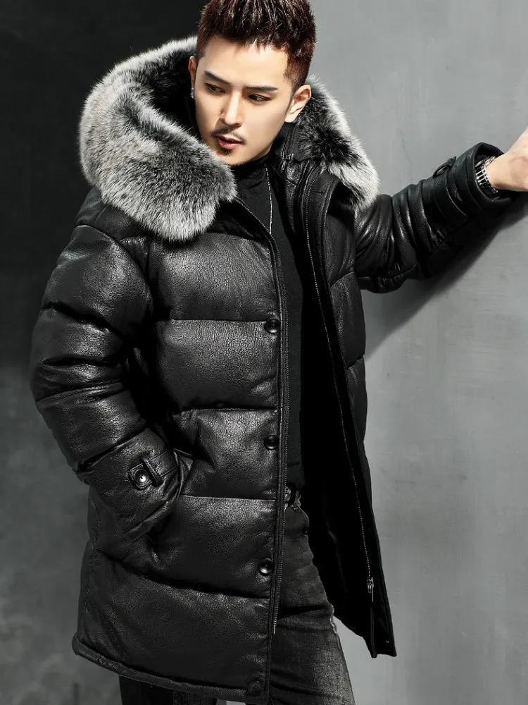 High Street Casual Outerwear Winter Mens Genuine Leather Down Coat Thicken Warm Hooded Overcoat Men Medium Long Sheepskin Jacket