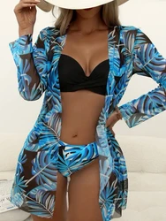 2023 Sexy 3 Peças Biquíni Set Mulheres Cover Up Swimwear Feminino Tropical Impresso Swimsuit Beachwear Push Up Maiô Verão