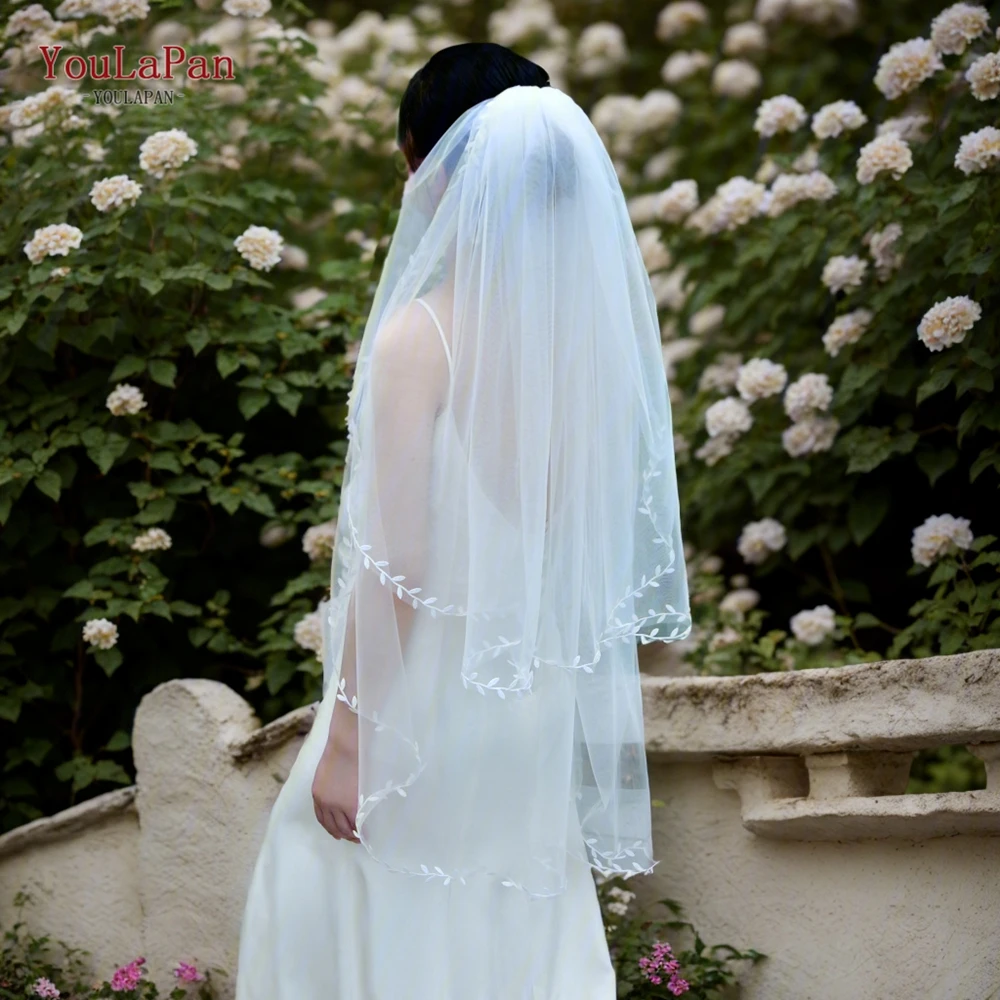 YouLaPan V141 2 Tiers Bridal Veil Elegant Wedding Veil with Blusher French Alencon Lace Cover Front and Back Oval White Bride