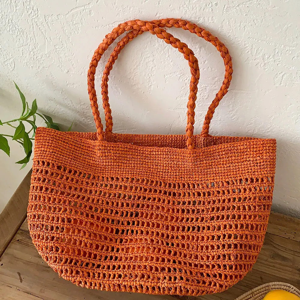 Fashion Pink Orange Hollow-out Raffia Beach Bags Women Bucket Luxury Bag Women Handbag Handmade Travel Rattan Shoulder Bags Tote