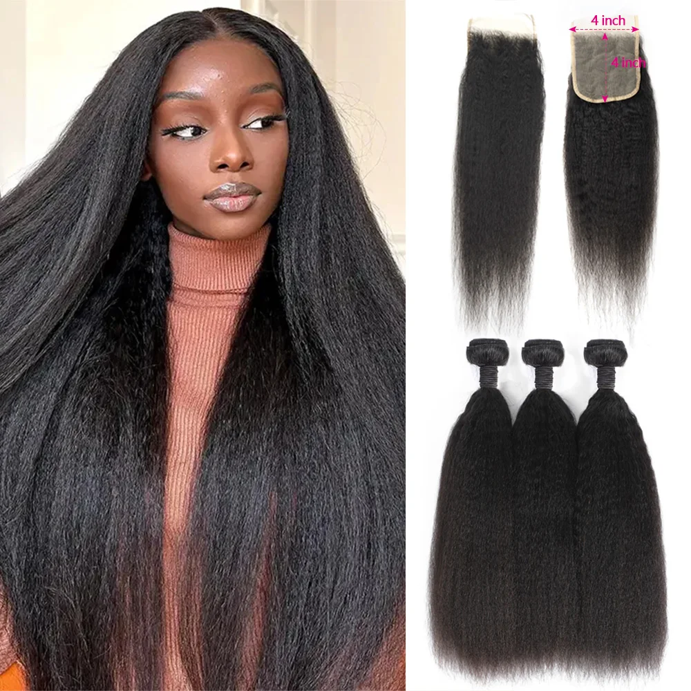Pacotes retos crespos com fecho 12a pacotes de cabelo humano com fechamento de renda 4x4 100% cabelo cru 3-5 dias entrega macia e grossa