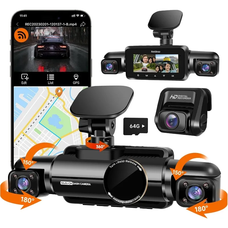 Neideso 360° Dash Cam Front, Rear and Inside, 4 Channel 3K+3*1080P Front and Rear and Inside